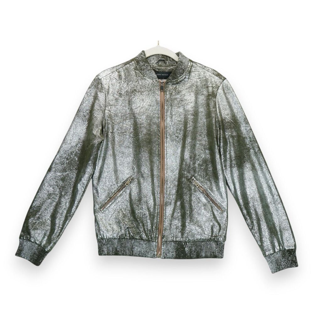 ZARA Womens Distressed Gold Faux Leather Bomber Jacket Metallic Full Zip Size XS